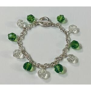 Green & White Glass Beads Silver Toggle Bracelet